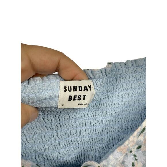 SUNDAY BEST Aritzia Sinatra Smocked Puff-Sleeve Blouse Size Medium Floral Sage - Picture 2 of 8